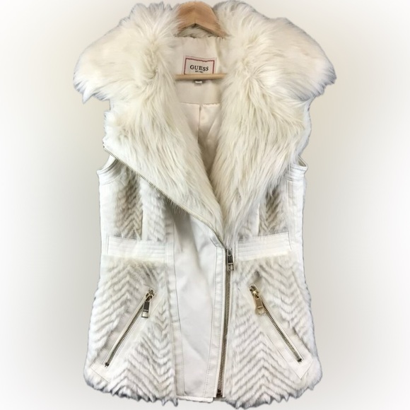 NWT💎 Guess Cream White Jayden Faux Fur Zipper Vest Size Xs - Picture 1 of 6